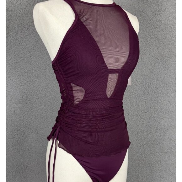 BECCA Women's Standard Muse One Piece Swimsuit High Neck Mesh Burgundy Small NWT - Picture 2 of 8